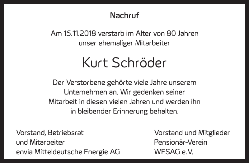  Traueranzeige für Kurt Schröder vom 24.11.2018 aus Leipziger Volkszeitung