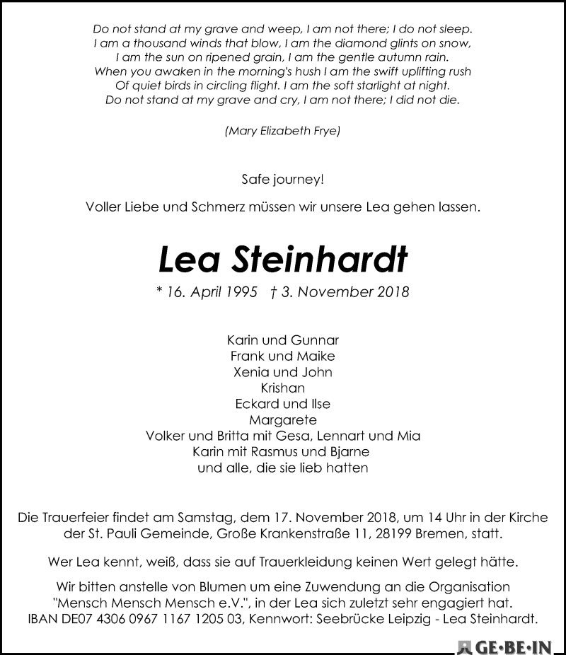  Traueranzeige für Lea Steinhardt vom 10.11.2018 aus Leipziger Volkszeitung