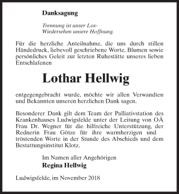 Traueranzeige von Lothar Hellwig von Märkischen Allgemeine Zeitung