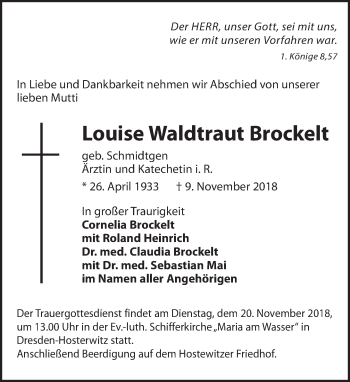 Traueranzeige von Louise Waltraut Brockelt von Dresdner Neue Nachrichten