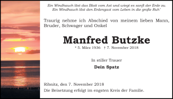 Traueranzeige von Manfred Butzke von Ostsee-Zeitung GmbH