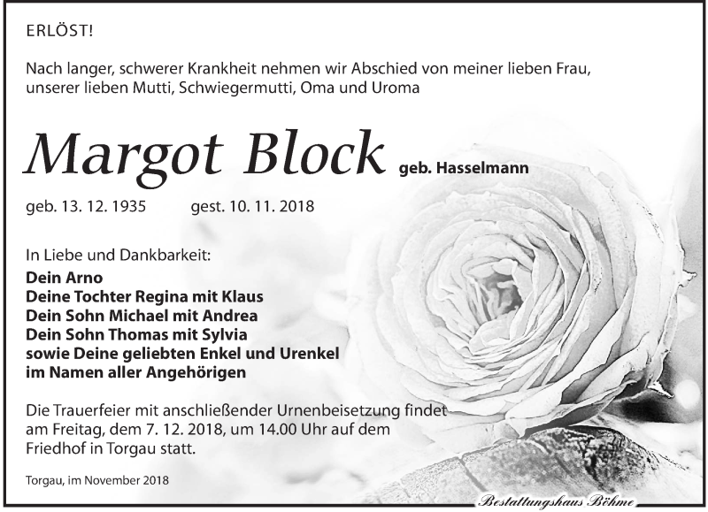  Traueranzeige für Margot Block vom 17.11.2018 aus Torgauer Zeitung