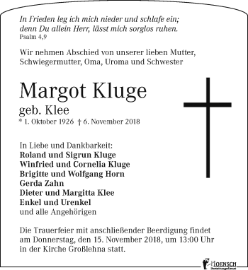 Traueranzeige von Margot Kluge von Leipziger Volkszeitung