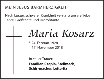 Traueranzeige von Maria Kosarz von Dresdner Neue Nachrichten