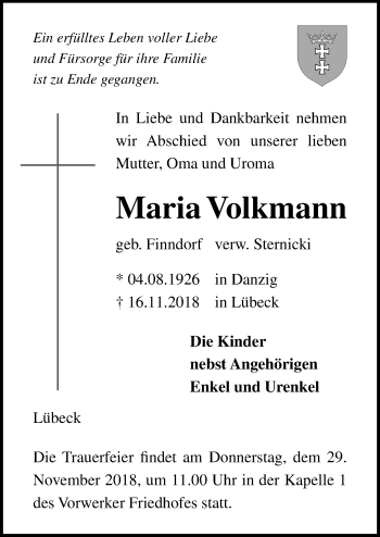 Traueranzeige von Maria Volkmann von Lübecker Nachrichten