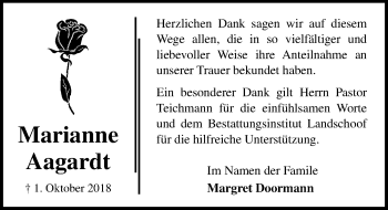 Traueranzeige von Marianne Aagardt von Ostsee-Zeitung GmbH