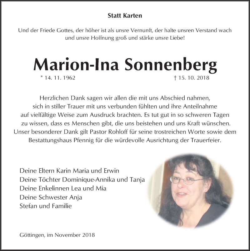  Traueranzeige für Marion- Ina Sonnenberg vom 10.11.2018 aus Göttinger Tageblatt