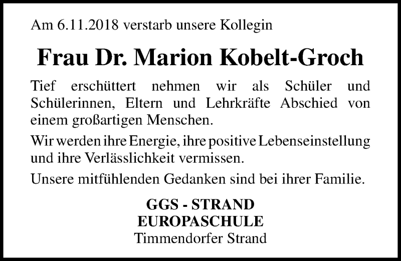  Traueranzeige für Marion Kobelt-Groch vom 11.11.2018 aus 