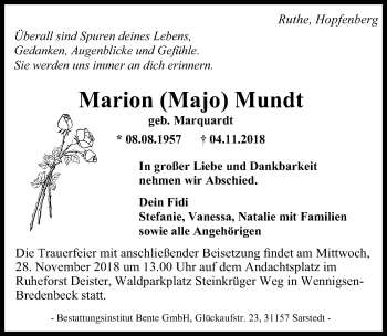 Traueranzeige von Marion Mundt von Hannoversche Allgemeine Zeitung/Neue Presse