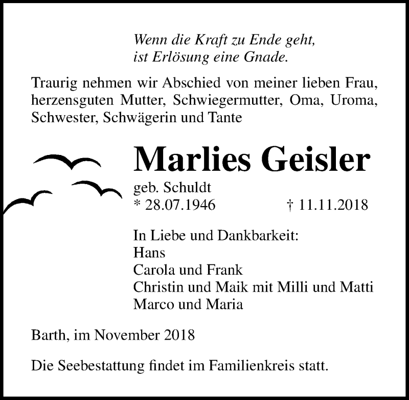  Traueranzeige für Marlies Geisler vom 17.11.2018 aus Ostsee-Zeitung GmbH