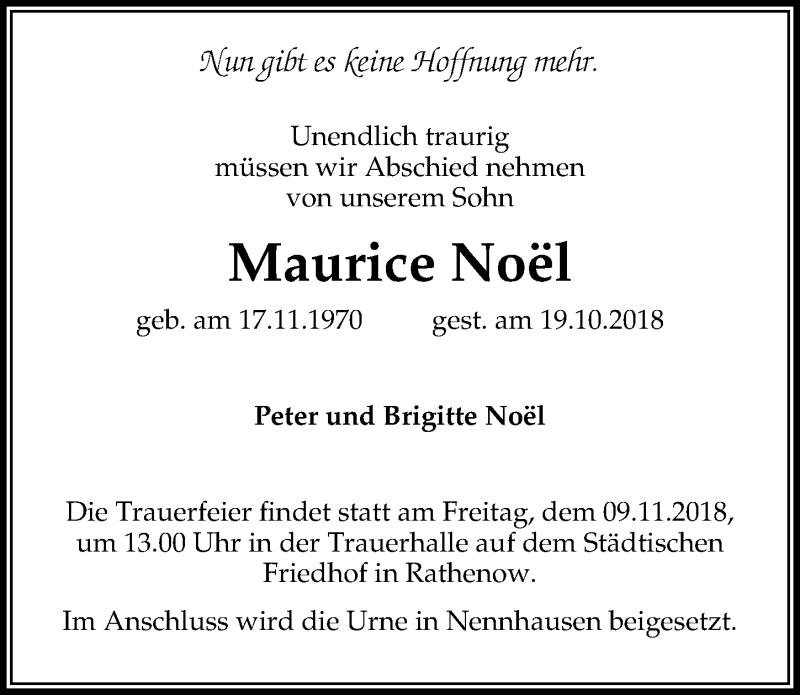  Traueranzeige für Maurice Noël vom 03.11.2018 aus Märkischen Allgemeine Zeitung
