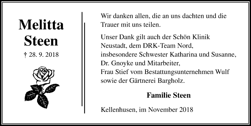  Traueranzeige für Melitta Steen vom 07.11.2018 aus Lübecker Nachrichten