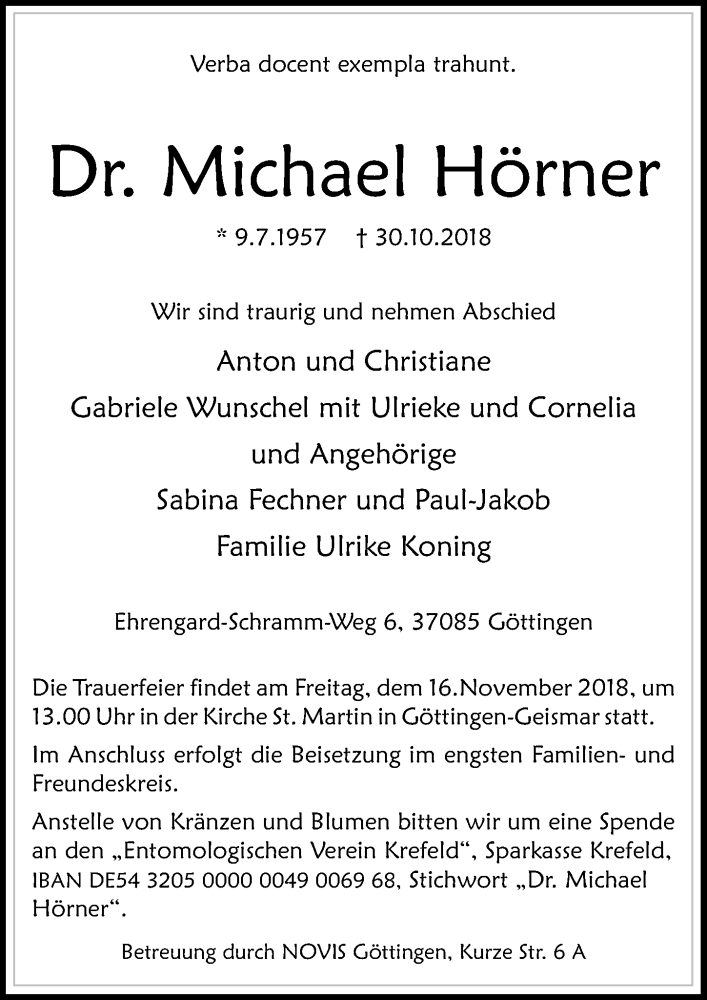  Traueranzeige für Michael Hörner vom 10.11.2018 aus Göttinger Tageblatt