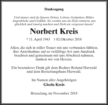 Traueranzeige von Norbert Kreis von Märkischen Allgemeine Zeitung