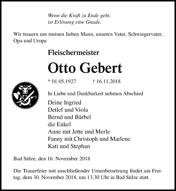 Traueranzeige von Otto Gebert von Ostsee-Zeitung GmbH