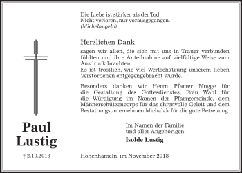 Traueranzeige von Paul Lustig von Peiner Allgemeine Zeitung