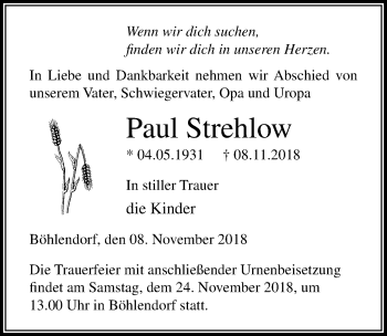 Traueranzeige von Paul Strehlow von Ostsee-Zeitung GmbH