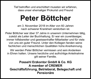 Traueranzeige von Peter Böttcher von Lübecker Nachrichten