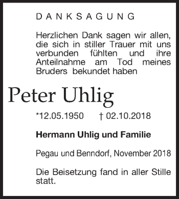 Traueranzeige von Peter Uhlig von Leipziger Volkszeitung