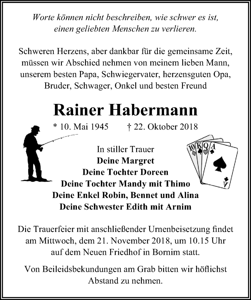 Traueranzeige für Rainer Habermann vom 10.11.2018 aus Märkischen Allgemeine Zeitung