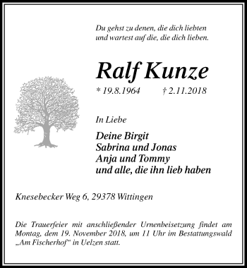 Traueranzeige von Ralf Kunze von Aller Zeitung