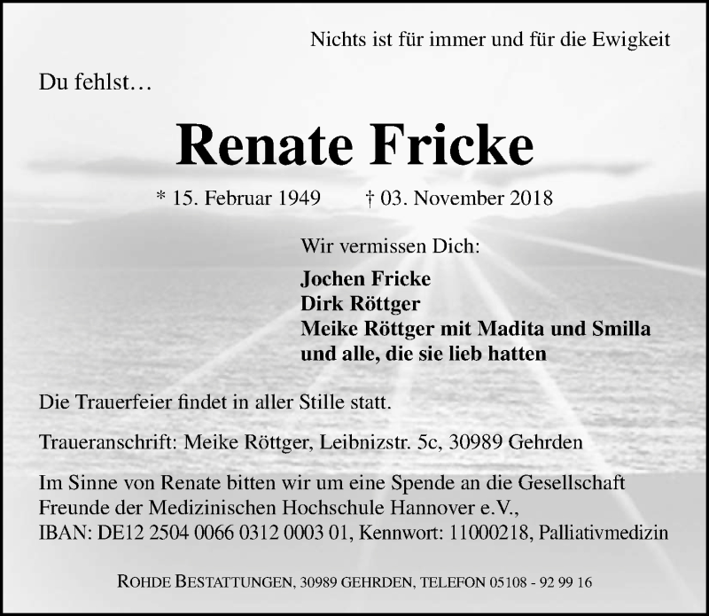 Traueranzeige für Renate Fricke vom 10.11.2018 aus Hannoversche Allgemeine Zeitung/Neue Presse