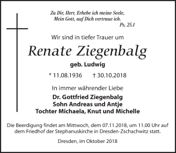 Traueranzeige von Renate Ziegenbalg von Dresdner Neue Nachrichten