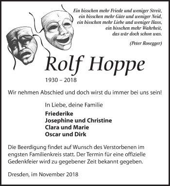 Traueranzeige von Rolf Hoppe von Dresdner Neue Nachrichten