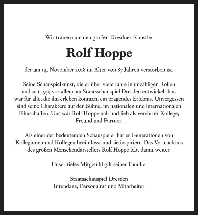  Traueranzeige für Rolf Hoppe vom 17.11.2018 aus Dresdner Neue Nachrichten