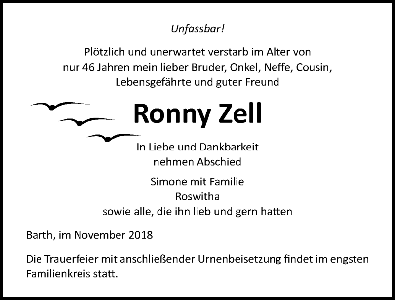  Traueranzeige für Ronny Zell vom 17.11.2018 aus Ostsee-Zeitung GmbH