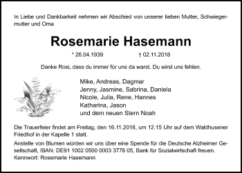 Traueranzeige von Rosemarie Hasemann 