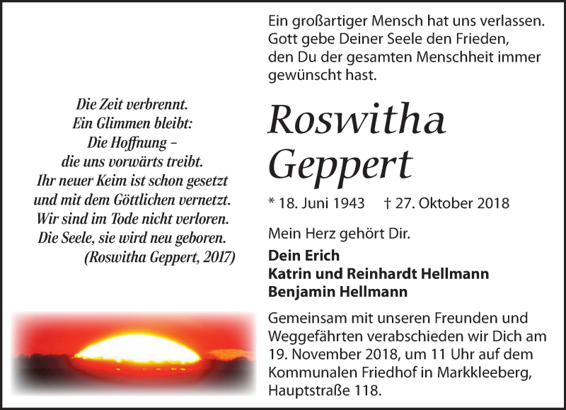  Traueranzeige für Roswitha Geppert vom 10.11.2018 aus Leipziger Volkszeitung