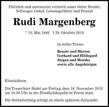 Traueranzeige von Rudi Margenberg von Kieler Nachrichten