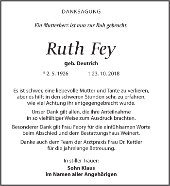 Traueranzeige von Ruth Fey von Torgauer Zeitung