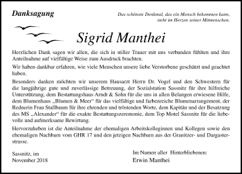 Traueranzeige von Sigrid Manthei von Ostsee-Zeitung GmbH