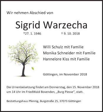 Traueranzeige von Sigrid Warzecha von Göttinger Tageblatt