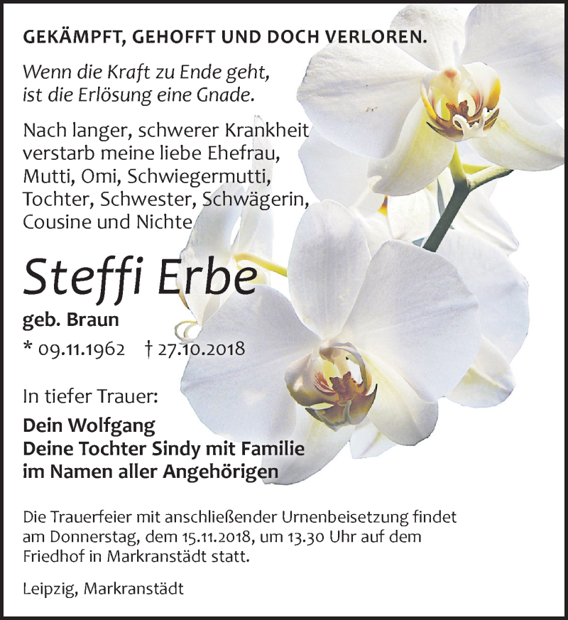  Traueranzeige für Steffi Erbe vom 03.11.2018 aus Leipziger Volkszeitung