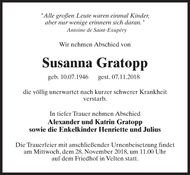 Traueranzeige für Susanna Gratopp vom 17.11.2018 aus Märkischen Allgemeine Zeitung