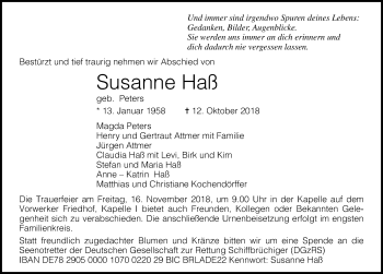 Traueranzeige von Susanne Haß 