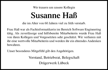 Traueranzeige von Susanne Haß von Ostsee-Zeitung GmbH