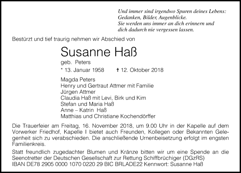  Traueranzeige für Susanne Haß vom 11.11.2018 aus 