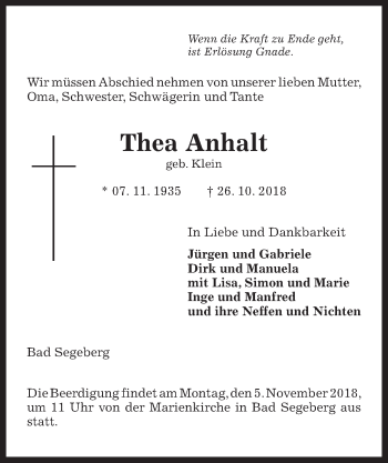 Traueranzeige von Thea Anhalt von Kieler Nachrichten