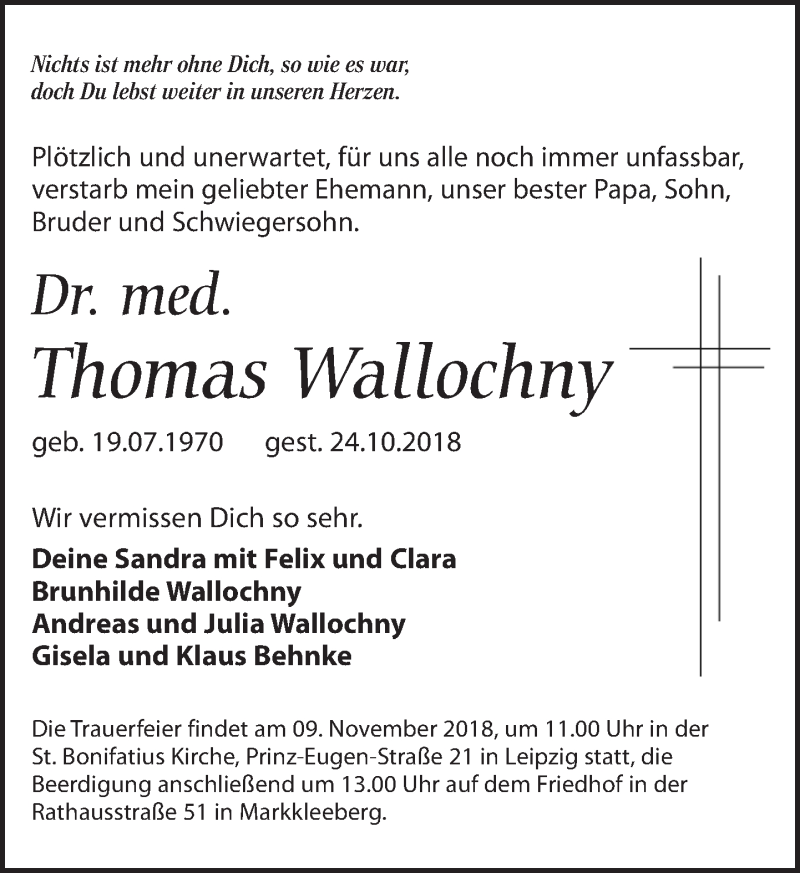  Traueranzeige für Thomas Wallochny vom 03.11.2018 aus Leipziger Volkszeitung