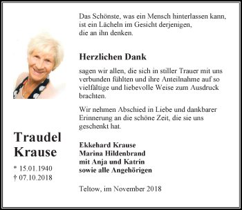 Traueranzeige von Traudel Krause von Märkischen Allgemeine Zeitung