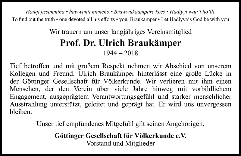  Traueranzeige für Ulrich Braukämper vom 17.11.2018 aus Göttinger Tageblatt