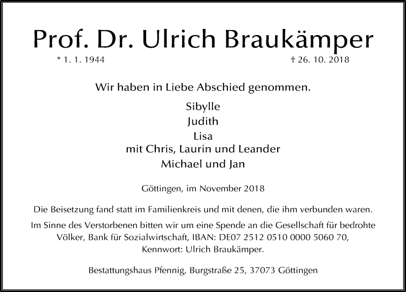  Traueranzeige für Ulrich Braukämper vom 10.11.2018 aus Göttinger Tageblatt