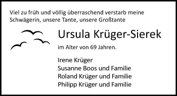 Traueranzeige von Ursula Krüger-Sierek von Ostsee-Zeitung GmbH