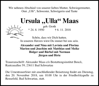 Traueranzeige von Ursula Maas von Lübecker Nachrichten