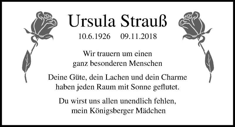  Traueranzeige für Ursula Strauß vom 11.11.2018 aus Lübecker Nachrichten