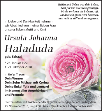 Traueranzeige von Ursula Johanna Haladuda von Leipziger Volkszeitung